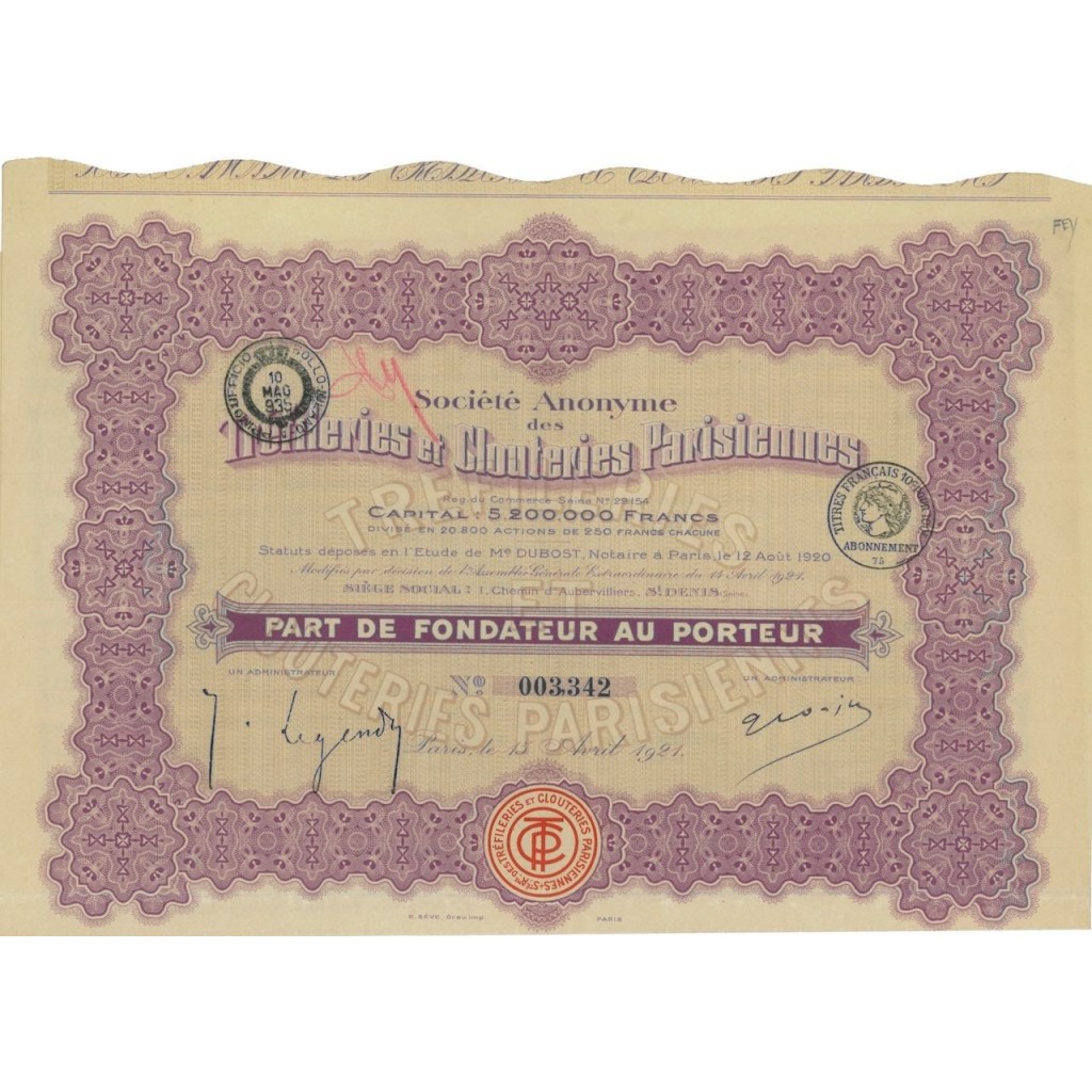 SOC. AN. TREFILERIES ET CLOUTERIES PARISIENNES 1 AZIONE 1921