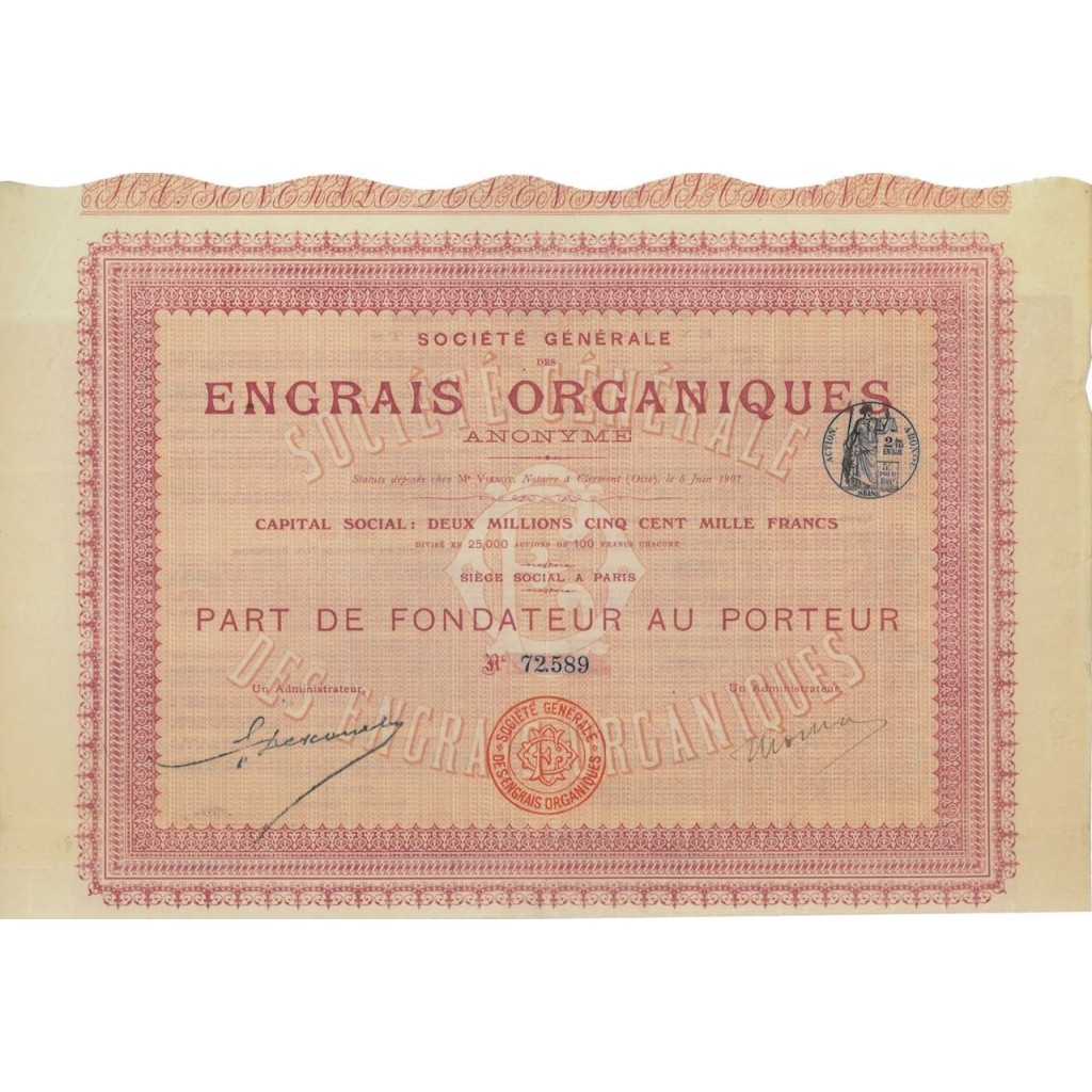 SOC.GEN. DES ENGRAIS ORGANIQUES - 1 AZIONE DI FONDAZ. 1907