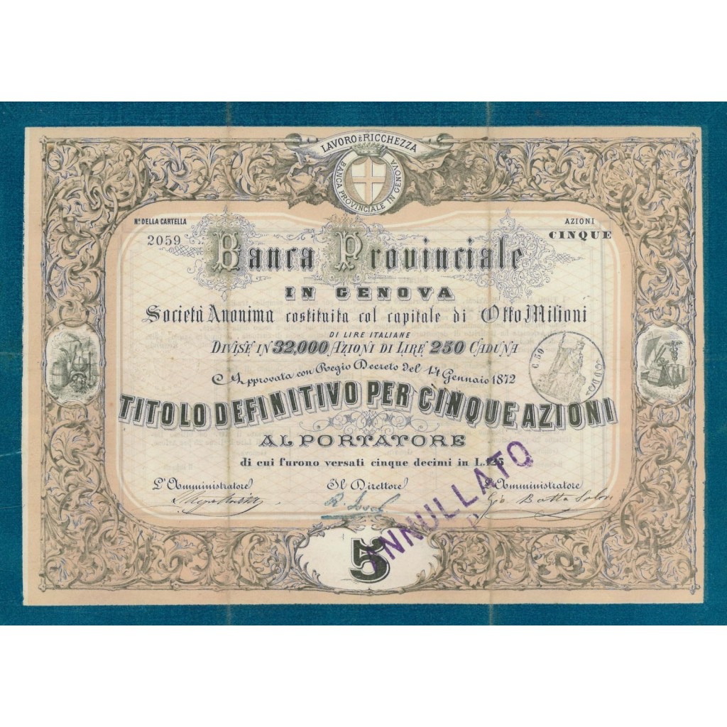 BANCA PROVINCIALE IN GENOVA 5 AZIONI 1872