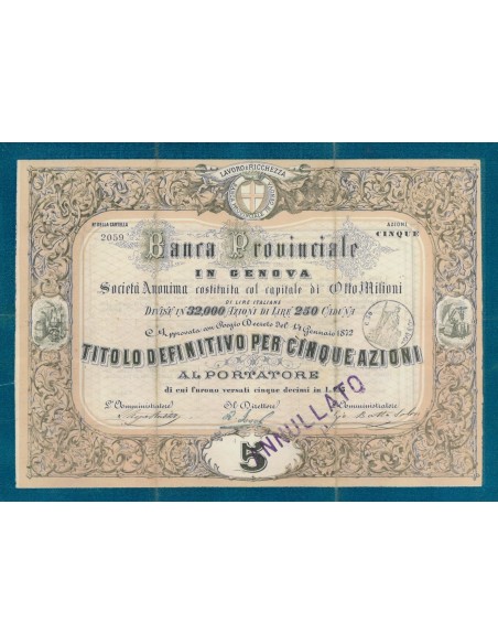 BANCA PROVINCIALE IN GENOVA 5 AZIONI 1872