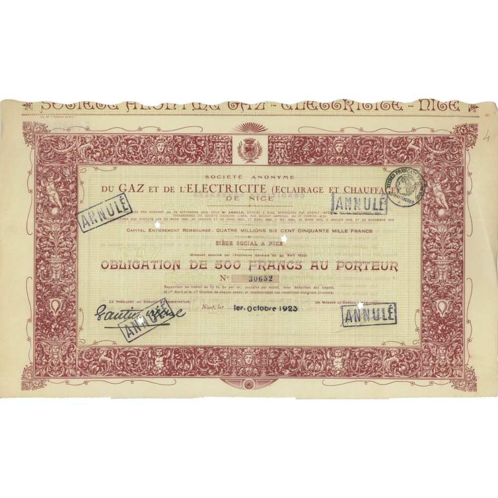 SOC.ANO. DU GAZ ET DE L'ELETRICITE' DE NICE - 1 OBBLIG. 1923