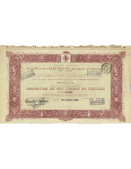 SOC.ANO. DU GAZ ET DE L'ELETRICITE' DE NICE - 1 OBBLIG. 1923