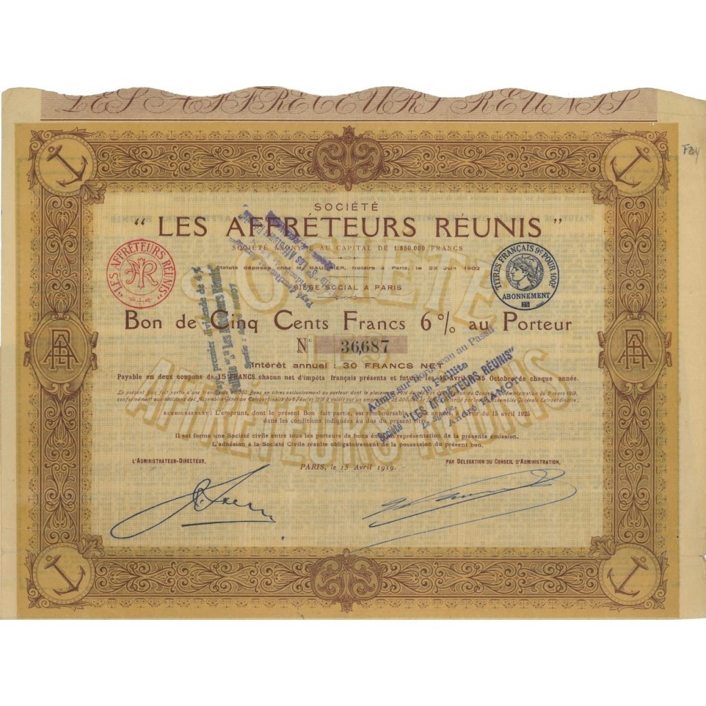 SOC. LES AFFRETEURS REUNIS - BUONO DI 500 FRANCHI - 1919