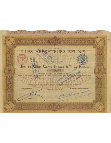 SOC. LES AFFRETEURS REUNIS - BUONO DI 500 FRANCHI - 1919