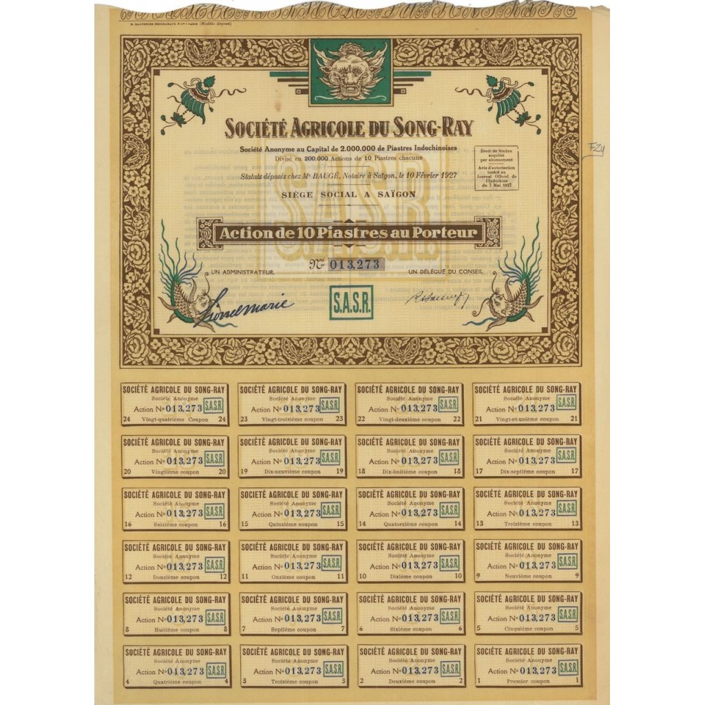 SOC. AGRICOLE DU SONG-RAY - 1 AZIONE - 1927