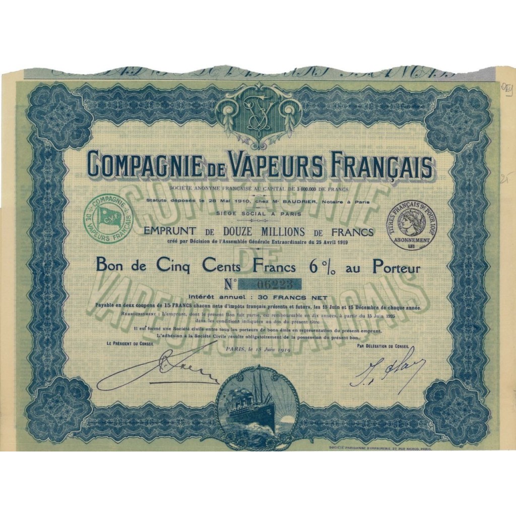 COMP. DE VAPEURS FRANCAIS - 1 BUONO DI 500 FRANCHI - 1919