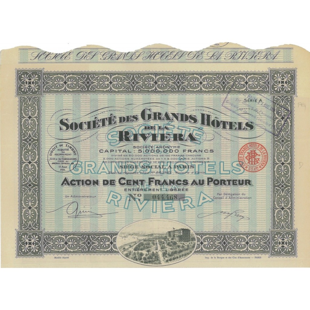 SOC. DES GRANDS HOTELS DE LA RIVIERA - 1 AZIONE - 1928