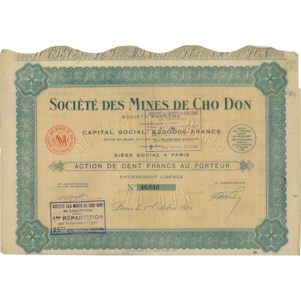 SOC. DES MINES DE CHO DON - 1 AZIONE - 1925