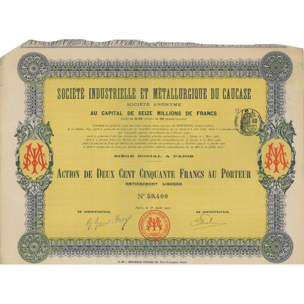 SOC. IND. ET METALLURGICHE DU CAUCASE - 1 AZIONE - 1911