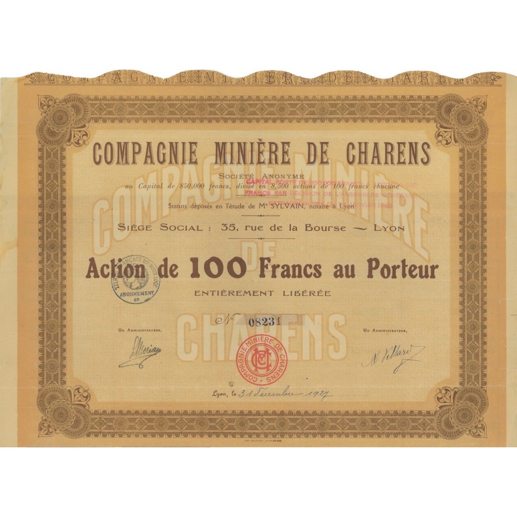 COMP. MINIERE DE CHARENS - AZIONE DI 100 FRANCHI 1927