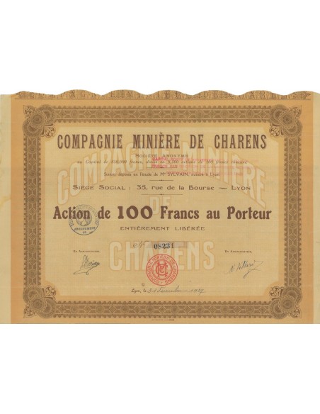 COMP. MINIERE DE CHARENS - AZIONE DI 100 FRANCHI 1927