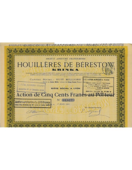 SOC. HOUILLERES DE BERESTOW KRINKA - 1 AZIONE 1900