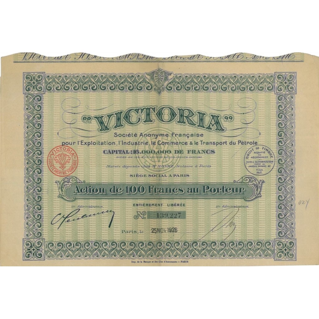 VICTORIA - 1 AZIONE DI 100 FRANCHI - 1928