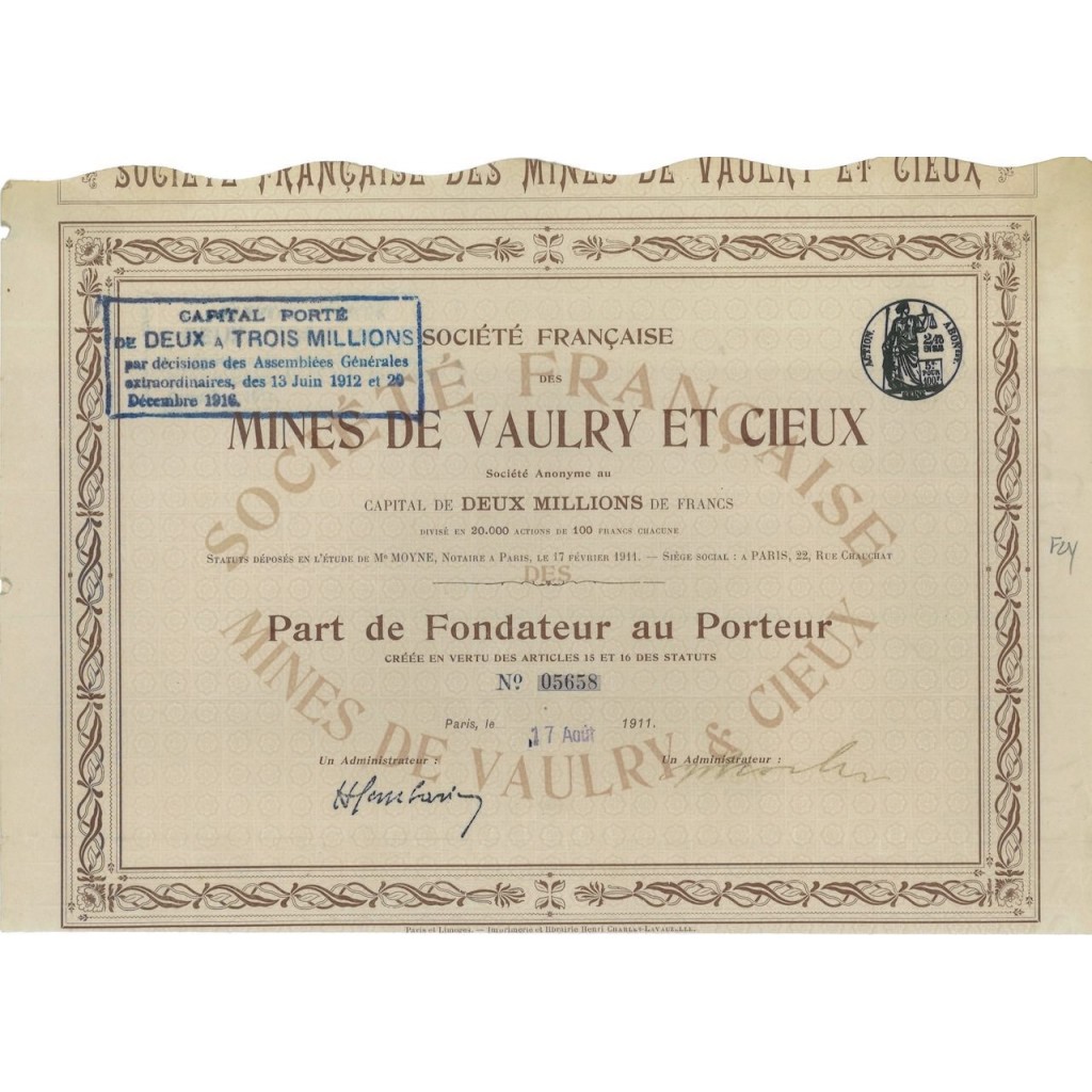 SOC. DES MINES DE VAULRY ET CIEUX - 1 AZIONE - 1911