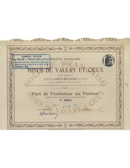 SOC. DES MINES DE VAULRY ET CIEUX - 1 AZIONE - 1911