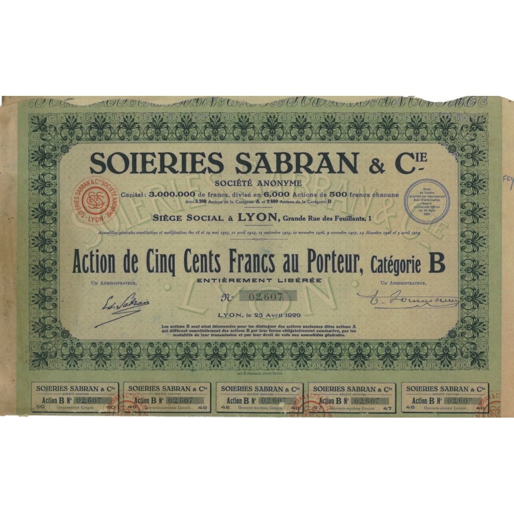 SOIERIES SABRAN E C. - 1 AZIONE - 1929