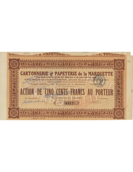 CARTONERIE ET PAPETERIE DE LA MARQUETTE - 1 AZIONE - 1917