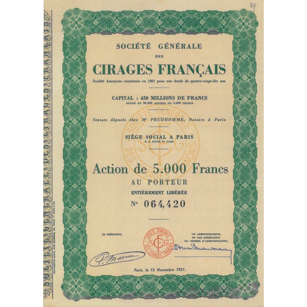 SOC. GEN. DES CIRAGES FRANCAIS - 1 AZIONE 1951