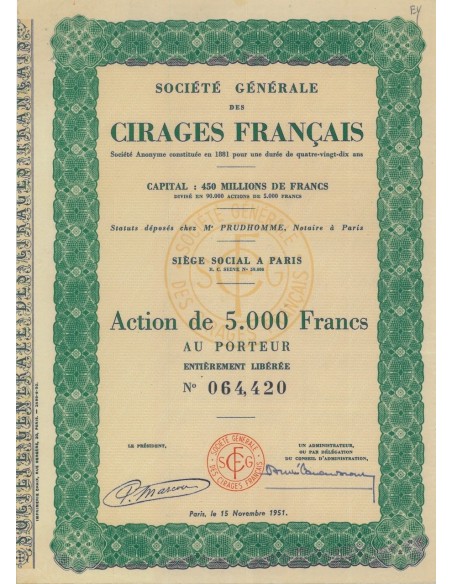SOC. GEN. DES CIRAGES FRANCAIS - 1 AZIONE 1951