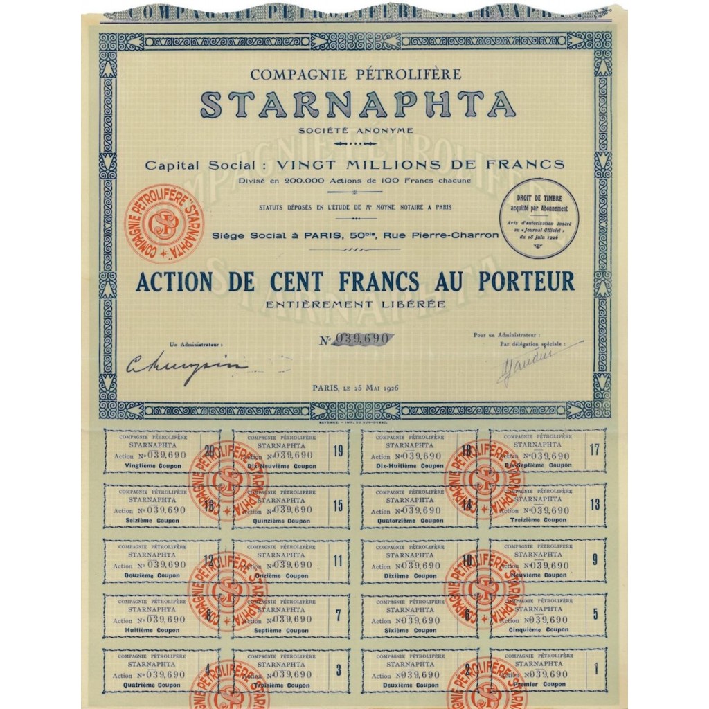 COMP. PRETROLIFERE STARNAPHTA - 1 AZIONE - 1926