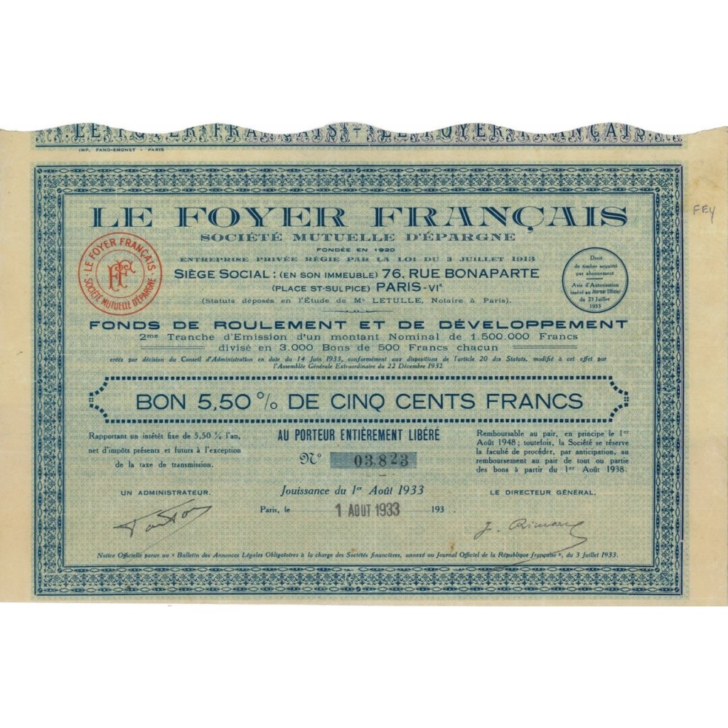LE FOYER FRANCAIS - 1 OBBLIGAZIONE DA 500 FRANCHI - 1933