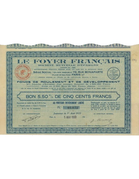 LE FOYER FRANCAIS - 1 OBBLIGAZIONE DA 500 FRANCHI - 1933