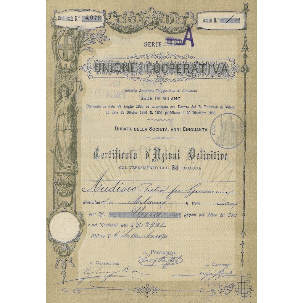 UNIONE COOPERATIVA MILANO - UNA AZIONE SERIE A 1890
