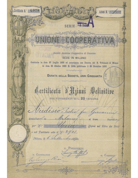 UNIONE COOPERATIVA MILANO - UNA AZIONE SERIE A 1890