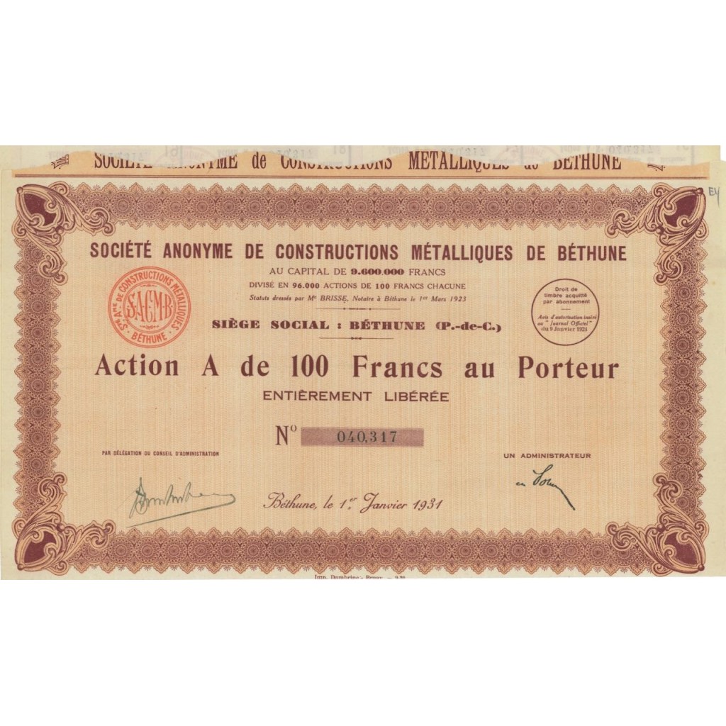 SOC.AN. DE CONSTRUCTIONS METALLIQUES DE BETHUNE - 1 AZIONE 1931