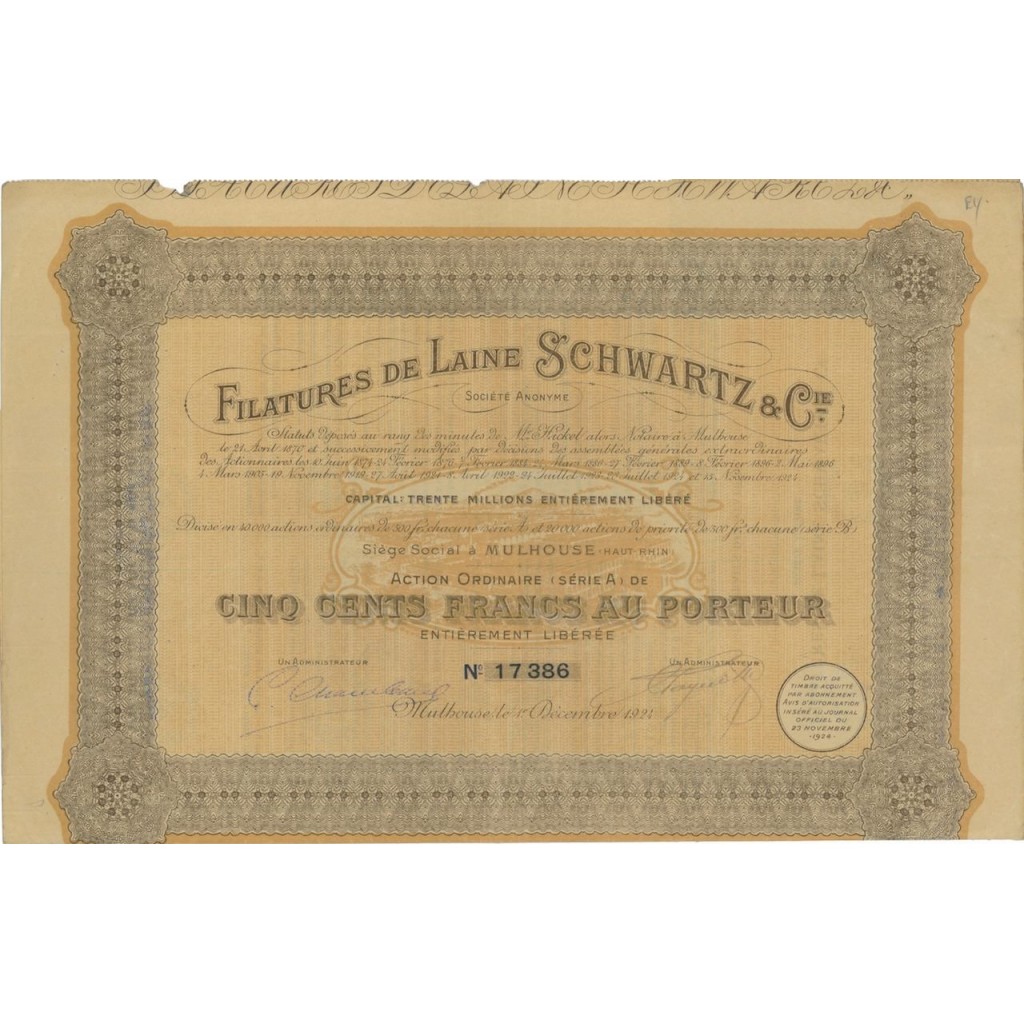 FILATURES DE LANE SCHWARTZ E C - 1 AZIONE 1924