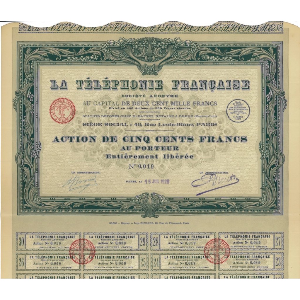 LA TELEPHONE FRANCAISE - 1 AZIONE - 1928