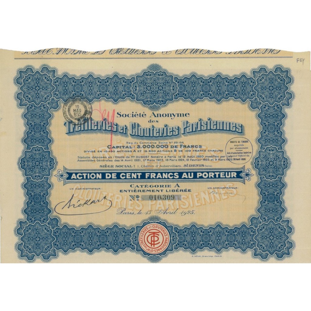 SOC. AN. TREFILERIES ET CLOUTERIES PARISIENNES - 1 AZIONE 1925