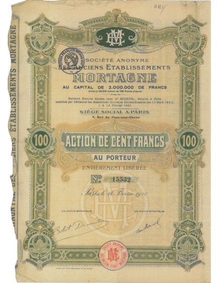 SOC.AN. DES ANCIENTS ETABLISSEMENTS MORTAGNE - 1 AZIONE 1921