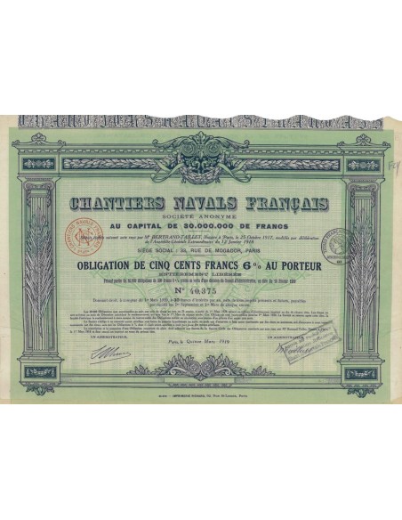 CHANTIERS NAVALS FRANCAIS - 1 OBBLIGAZIONE - 1919