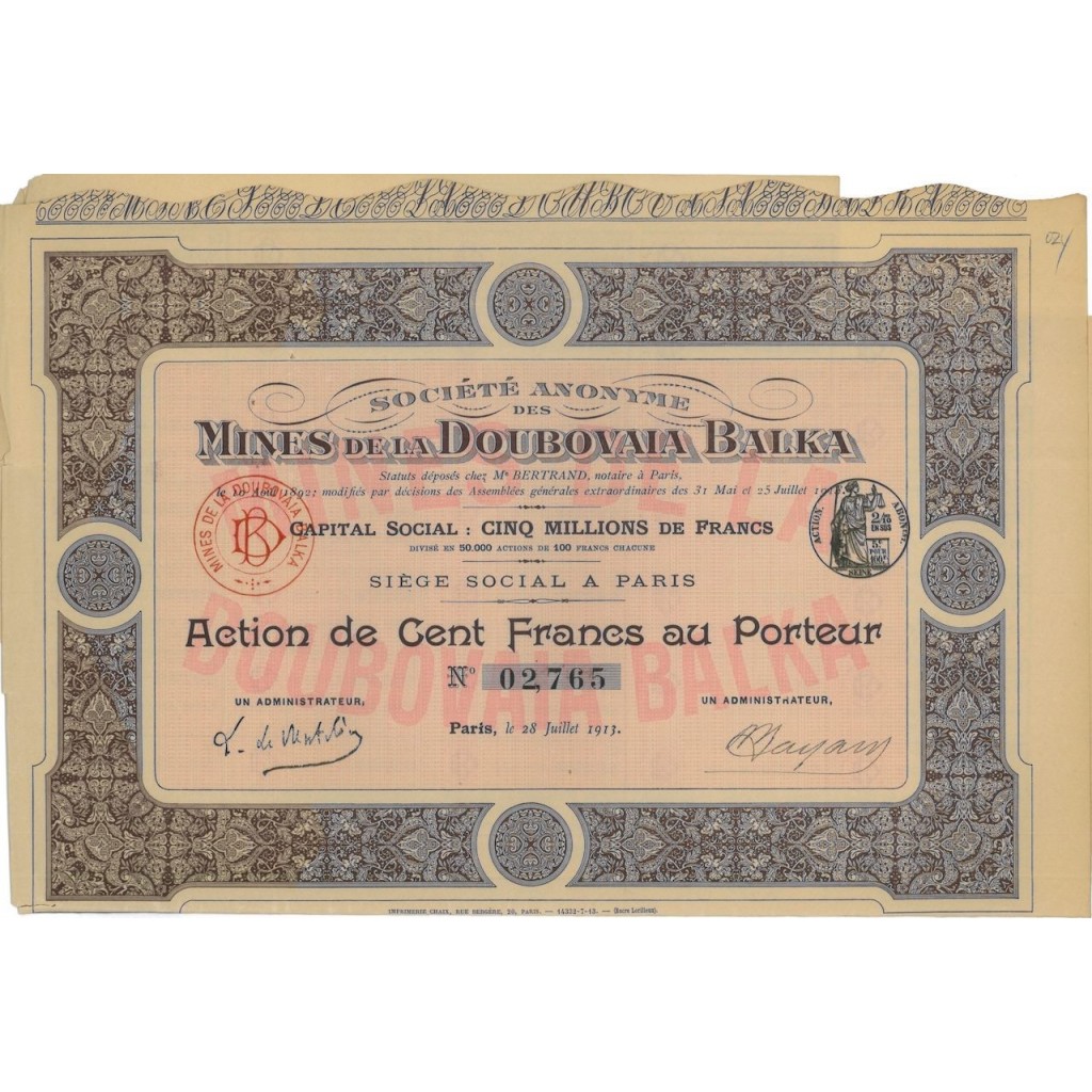 SOC. ANON. MINES DE LA DOUBOVAIA BALKA - 1 AZIONE - 1913
