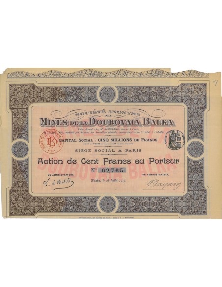 SOC. ANON. MINES DE LA DOUBOVAIA BALKA - 1 AZIONE - 1913