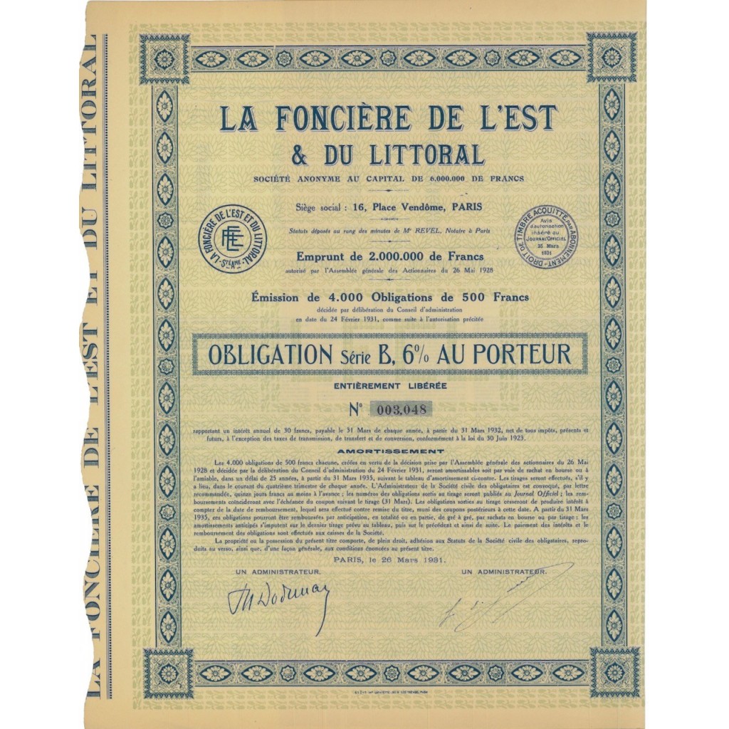 LA FONCIERE DE L'EST E DU LITTORAL - 1 OBBLIGAZ. 1931