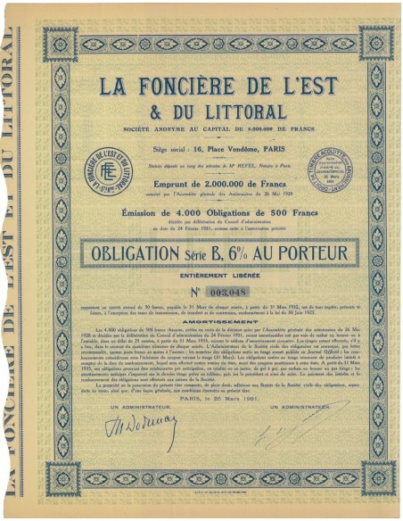 LA FONCIERE DE L'EST E DU LITTORAL - 1 OBBLIGAZ. 1931