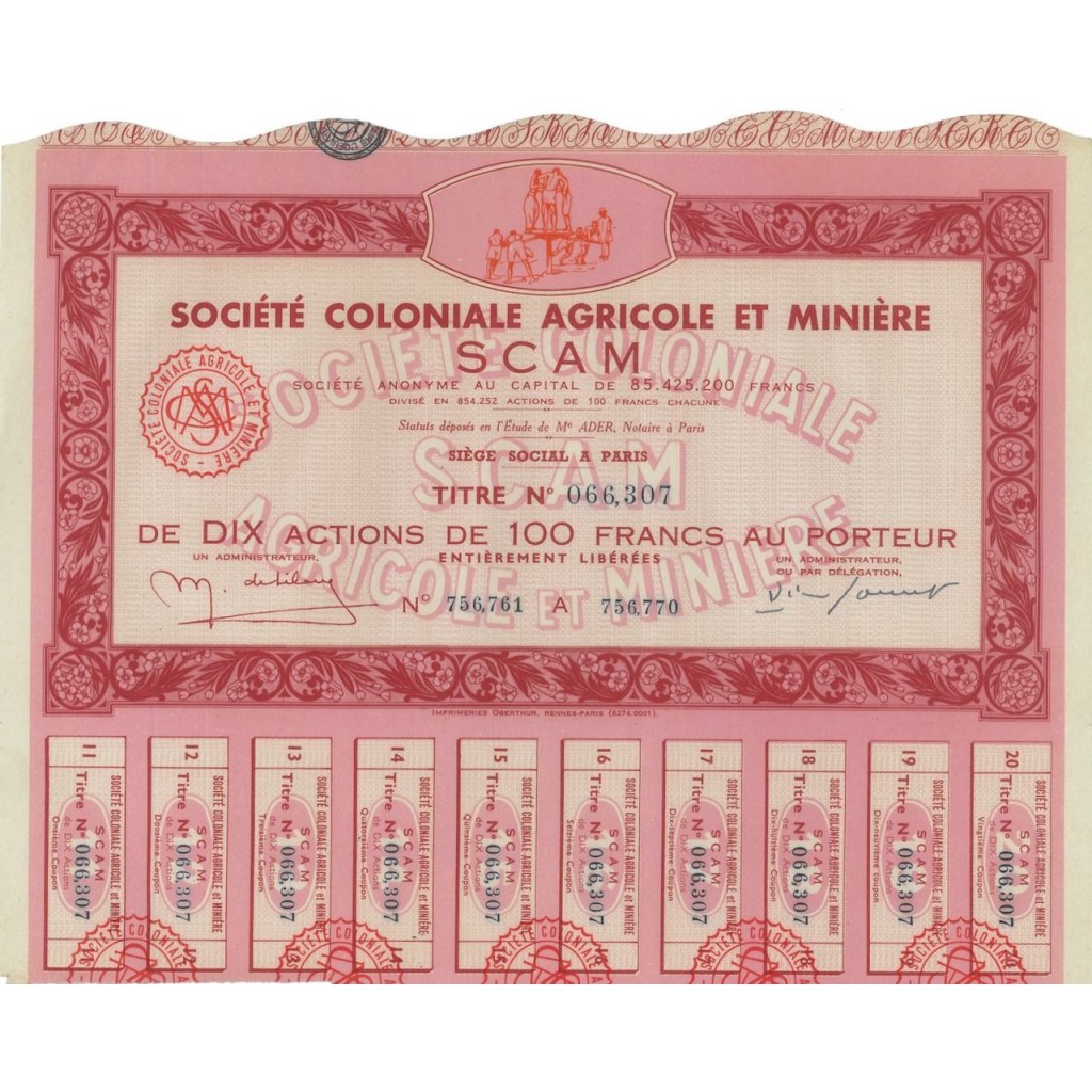 SOC. COLONIALE AGRICOLE ET MINIERE SCAM - 10 AZIONI - 1923