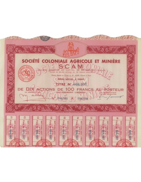 SOC. COLONIALE AGRICOLE ET MINIERE SCAM - 10 AZIONI - 1923