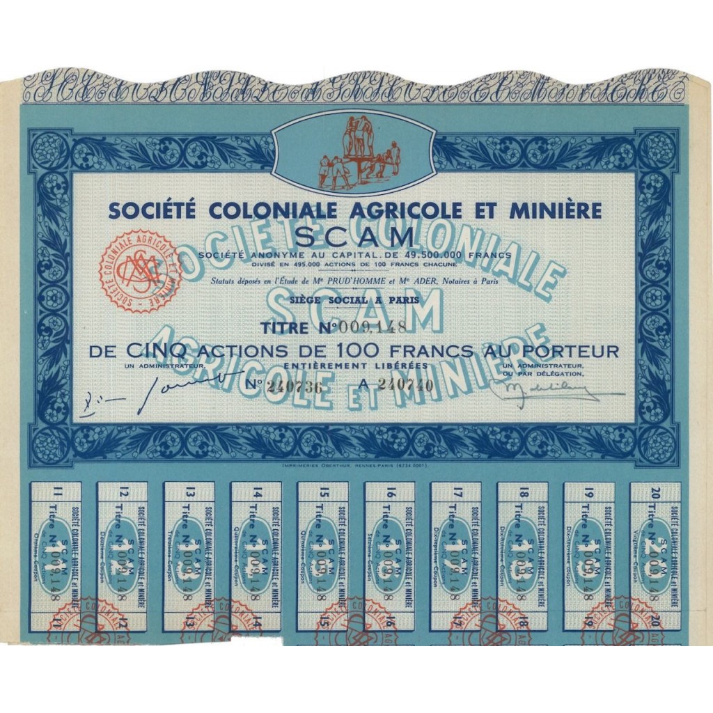 SOC. COLONIALE AGRICOLE ET MINIERE SCAM - 5 AZIONI - 1923