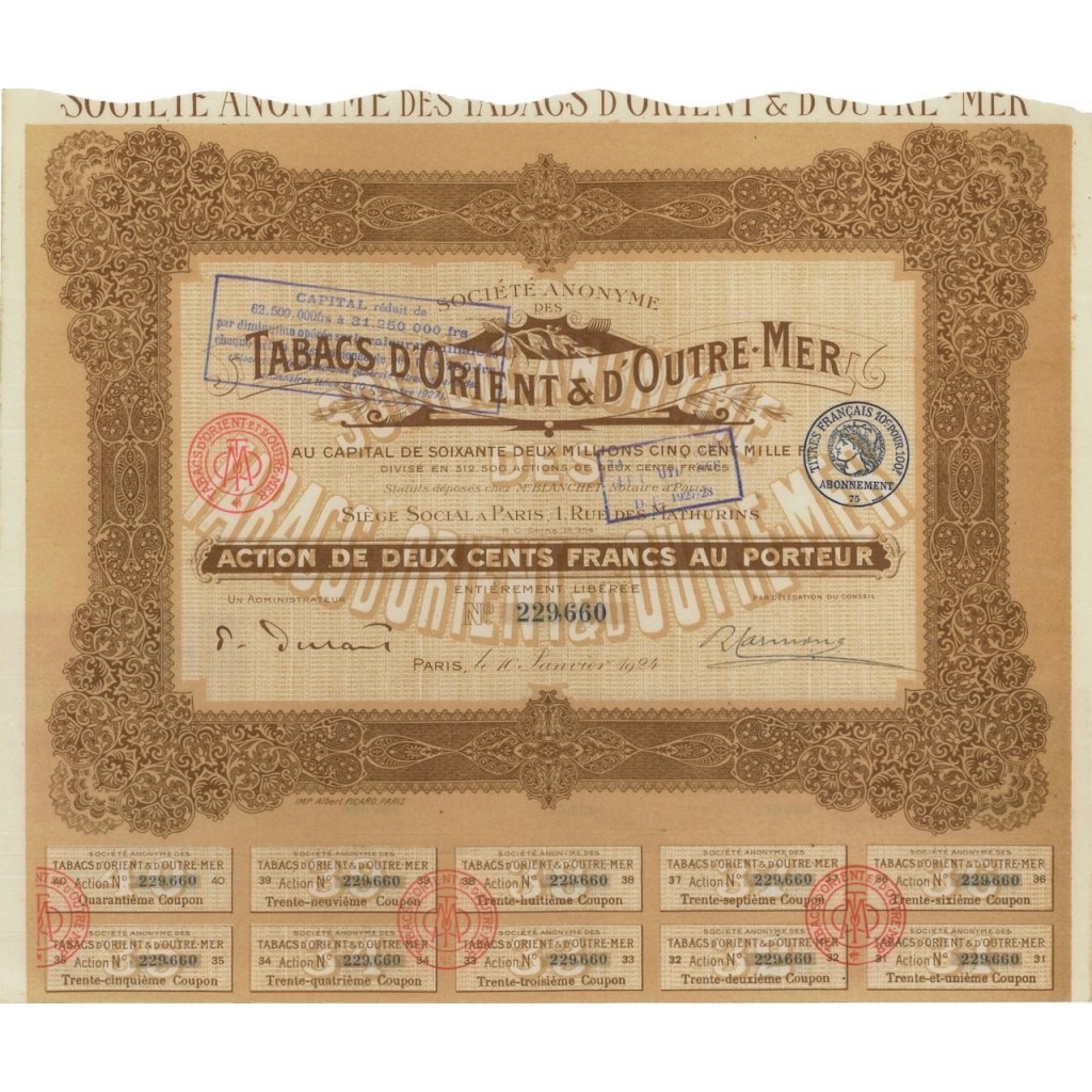 TABACS D'ORIENT E D'OUTRE-MER - 1 AZIONE - 1924