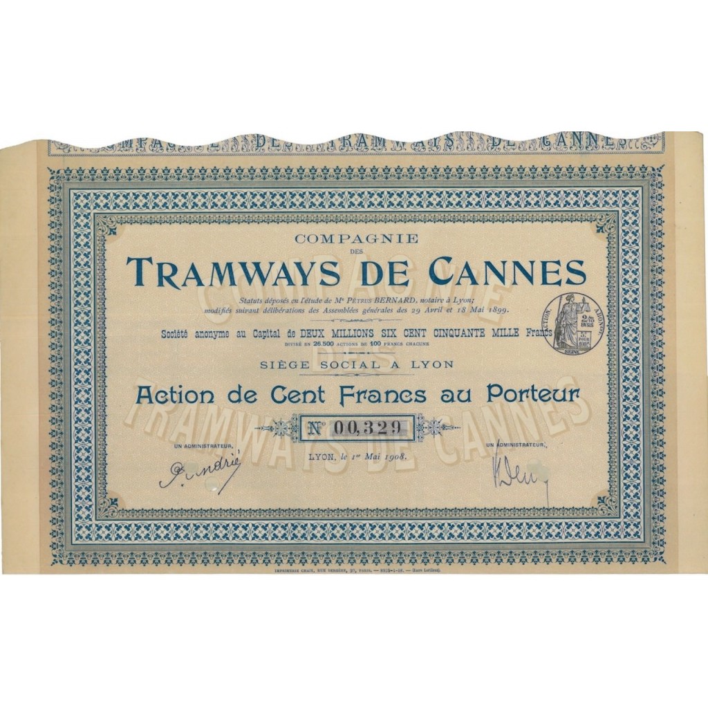 COMP. DES TRAMWAYS DE CANNES - 1 AZIONE - 1908