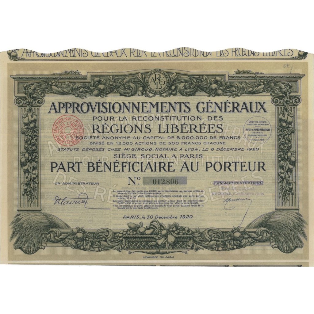 APPROV. GENERAUX REC. REGIONS LIBEREES - 1 AZIONE - 1920