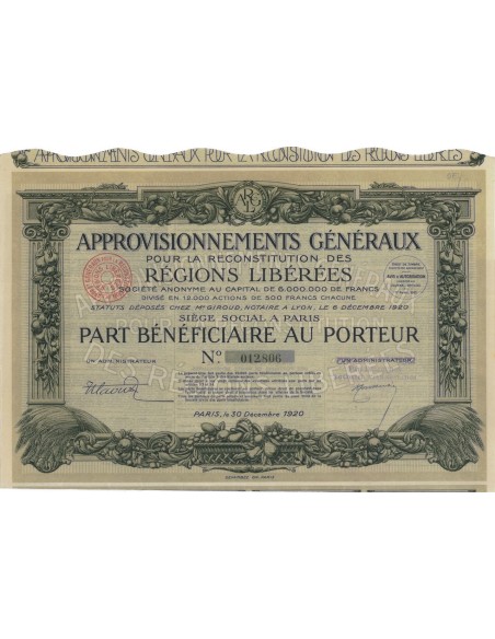APPROV. GENERAUX REC. REGIONS LIBEREES - 1 AZIONE - 1920
