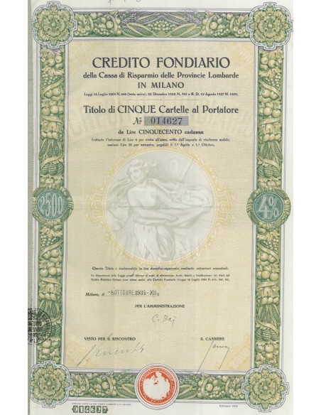CREDITO FONDIARIO CASSA DI RISP. DELLE PROV. LOMBARDE 5 CARTELLE MILANO 1934
