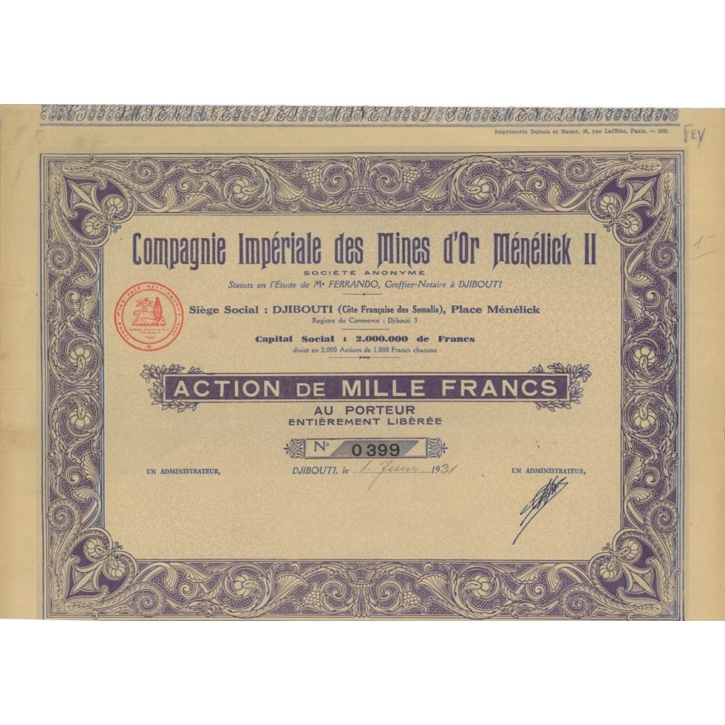 COMP. IMPERIALE DES MINES D'OR MENELICK II - 1 AZIONE - 1931