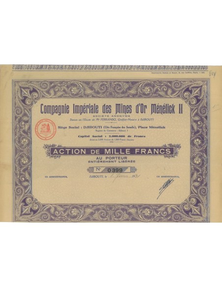 COMP. IMPERIALE DES MINES D'OR MENELICK II - 1 AZIONE - 1931
