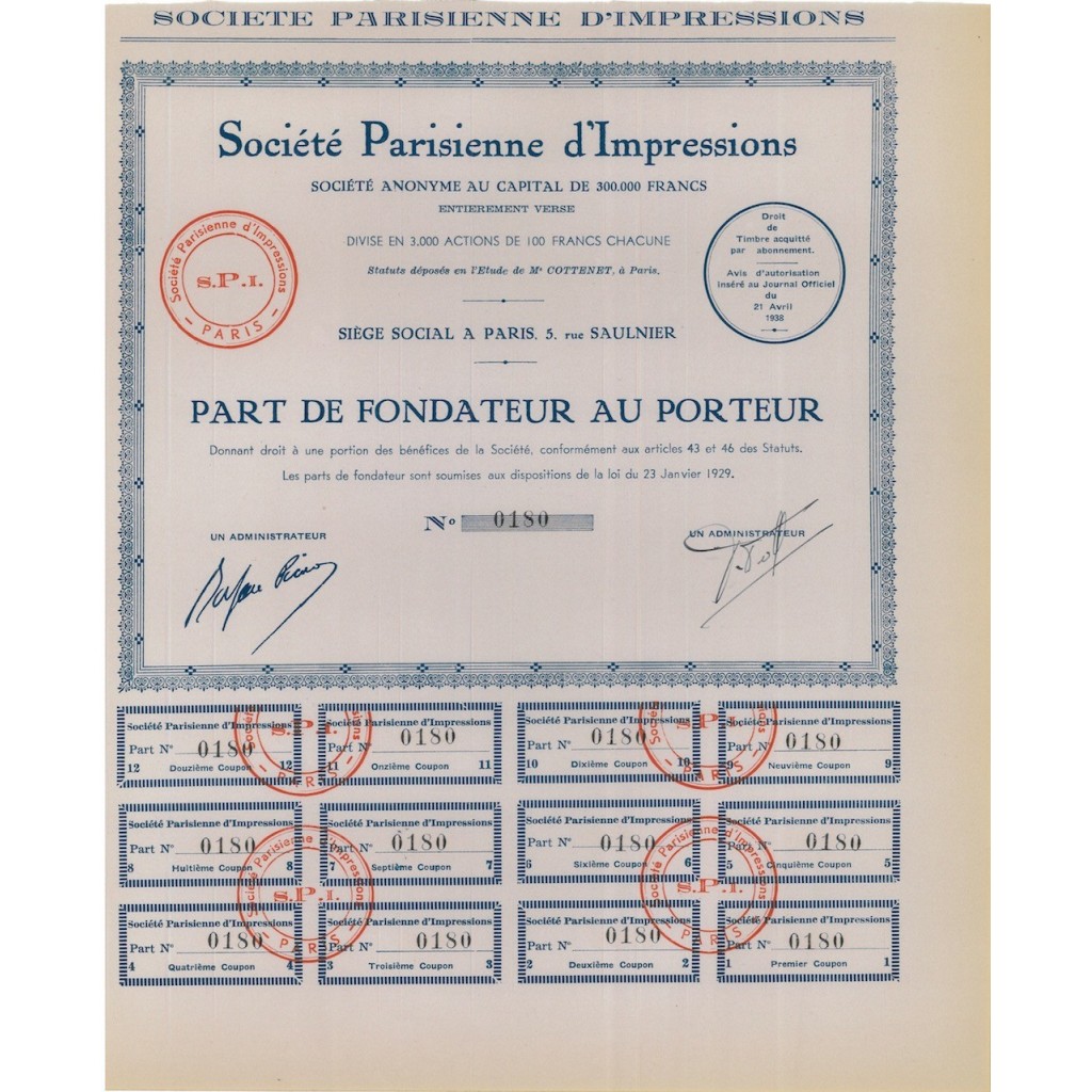 SOC. PARISIENNE D'IMPRESSIONS - AZIONE DI FONDAZIONE 1938