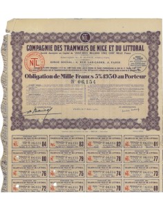COMP. DES TRAMWAYS DE NICE ET DU LITTORAL - 1 OBBLIG. 1930